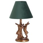 Antique Gold Marching Hares Sculpture Vintage Table Desk Lamp with Green Velvet Tapered Drum Shade | 48cm Height | 1 x ES E27 Lamp Bulb Required | UK Approved | High Definition Resin Animals