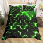 Homewish Geometric Duvet Cover Single Size,Teen Boys Green Black Neon Light Honeycomb Bedding Sets,Geometry Hexagon Comforter Modern Fashion Bedspread 1 Pillow Case Home Room Decor