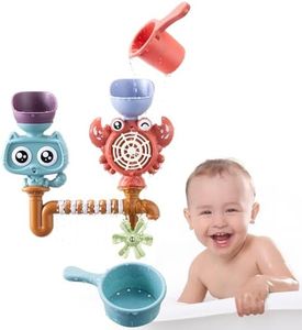 Navaris Juguete Baño Bebe +18 Meses - Juguetes Bañera para Bebé con Ventosa - Juguetes para la Bañera con Cascada Giratoria - Juguetes para Bañera con Cangrejo y Vasos