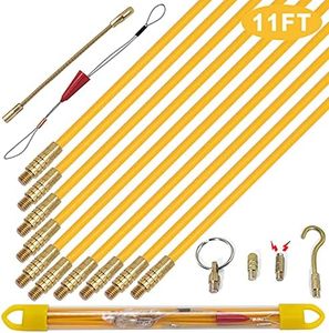 KOOTANS 11 ft Fiberglass Wire Running Kit Wall Cable Wire Fishing Rod Pull Push Tool Electrical Fish Tape Set with 6 Different Accessories