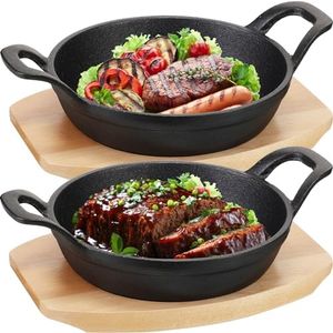 FoldTier 2 Set Small Cast Iron Skillets Mini Round Cast Iron Skillets Set 6.3 Inch 4.9 Inch Skillet Fajita Plate with Wooden Base Steak Skillet Dish Pan for Kitchen Restaurant Barbecue(6.3 Inches)