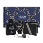 Relish Gift Combo Box Analog Leather Strap Watch, Wallet, Long Lasting Perfume And Metal Hook Keychain | Valentine Gift For Boyfriend,Band Color-Black,Black Dial