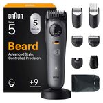 Braun Beard Trimmer Series 5, +9 Styling Tools, Ultra Sharp Blade, 120 Min Runtime, 40 Lengths, Waterproof, PrecisionWheel & Lock, BT5565, Grey