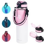 TOPBADE 32oz Insulated Sports Water Bottle 2 Lids(with Straw/No Straw), Stainless Steel Water Bottles with Paracord Handle, Vacuum Jug for Women Men Gym Fitness Outdoor PINK WHITE