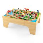 HONEY JOY Train Table, Wooden Kids Activity Table with Storage, 84 Multicolor Pieces, Tracks, Trains, Cars, Toddler Toy Train Table Set w/Reversible Tabletop, Gift for Boys Girls Ages 3+ (Natural)