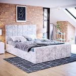 Vida Designs Valentina Double Ottoman Bed, 4 Foot 6 Bed Frame Storage Lift Upholstered Fabric Headboard Bedroom Furniture, Crushed Velvet Silver