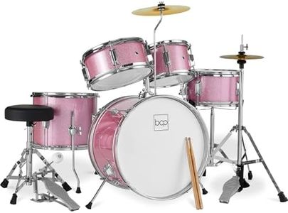Best Choice Products Kids 5-Piece Beginner Drum Set Junior Kit, Starter Percussion w/Cymbals, Pedal, Toms, Snare, Drumsticks, Stool - Pink Sparkle