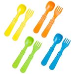 RE-PLAY Made in The USA 8pk Toddler Feeding Utensils Spoon and Fork Set |Eco Friendly Recycled Milk Jugs |Lime Green, Yellow, Orange, Sky Blue (Spring+)