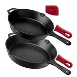 Cast Iron Skillets - Pre-Seasoned 2-Piece Pan Set: 10" + 12"-Inch + 2 Heat-Resistant Silicone Handle Covers - Dual Handle Helpers - Oven Safe Cookware - Indoor/Outdoor, Grill, Stovetop, Induction Safe