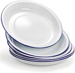 Dicunoy Pack of 5 Enamel Plates, 9.5" Unbreakable Enamelware Dinner Serving Platter Trays, Retro White Round Shallow Bowls with Blue Rim for Pasta, Salad, Camping, Outdoor, Picnic, BBQ