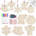 Artmag 50pcs Wooden Christmas Ornaments Diy Hanging Ornaments 5 Styles Unfinished Wood Slices with Holes for Kids Holiday Christmas Decorations