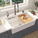 White Farmhouse Sink 33 Inch, ALWEN Fireclay Workstation Farmhouse Sink, Single Bowl Farmhouse Kitchen Sink, Deep Farm Sink Porcelain Ceramic Apron Sink with Accessories