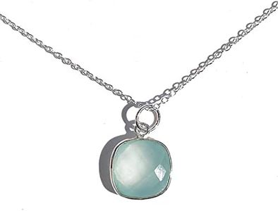 Joyfulmuze Aqua Blue Chalcedony, Natural Gemstone Pendant Necklace, 925 Sterling Silver 16 inch Chain, Handmade Gift for Women (Blue Chalcedony)