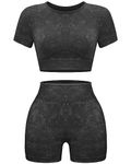 OLCHEE Womens Workout Sets 2 Piece - Seamless Acid Wash Yoga Outfits Leggings Shorts and Crop Top Matching Gym Activewear Athletic Clothing Set - Black Small