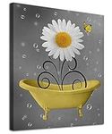 Bathroom Wall Art Daisy Canvas Pictures Modern Flower Bathtub Artwork Rustic Wood Board Background Contemporary Wall Art Decor Bedroom Living Room Office Home Framed Ready to Hang Yellow 30 x 40cm