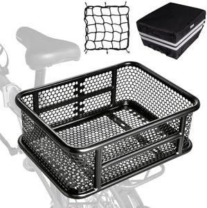 RAYMACE Bike Basket Rear with Reflective Waterproof Cover and Cargo Net, Perforated Design Large Bicycle Basket Fits for Electric Bike, Mounted Rear or Front Rack