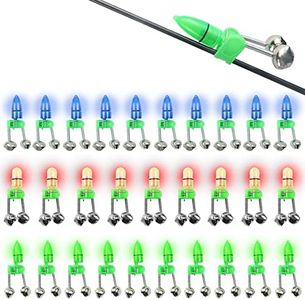 HLOGREE 30PCS LED Night Fishing Tackle Rod Bait Alarm Bell, Night Sea Fishing Rod LED Light Clip with Twin Bells Ring Fishing Bite Alarm Indicator On Fishing Rod (Red & Blue & Green Light)