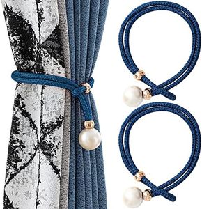 Folmywy Rope Curtain Tiebacks 2 Pack Decorative Big Pearl Curtain Ties Backs Adujustable Drapery Holdbacks for Home Office Patio Balcony Windows Decor Blue