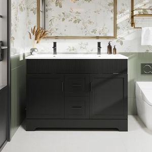 eclife 48" Bathroom Vanities Sink Combo with Painted Surface, Modern Drawered Cabinet W/Decorative Wave Lines, Undermount Double Sink, Matte Black Faucet Drain, Black