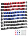 ALOANES 9 PC ABS Socket Organizer,1/2 inch, 3/8 inch, and 1/4 inch Drive Socket Rail Holders, Heavy Duty Socket Racks, Black Rails with Red&Blue&Black Clips x 129 Clips