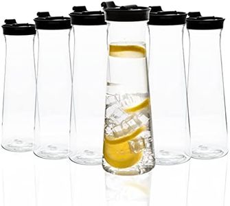 Clear Plastic Water Pitchers Carafes with Flip top Black Lids 34 OZ Heavy Duty Beverage Pitcher Jug for Juice or iced Coffee Great for Mimosa bar Restuarants ot Schools Pack of 6