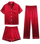 SWOMOG Womens 3pcs Silk Satin Pajamas Sets Short Sleeve Sleepwear Button Down Shirt with Shorts Long Pants Soft Pj Set Red Large