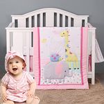 Brandream Baby Crib Bedding Set for Girl Boy Elephant Nursery Bedding with Comforter Fitted Sheet Bed Skirt Diaper Stacker Jungle Animal Elephant Giraffe Bird Design, 4 Piece