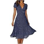 AMhomely Summer Dresses for Women UK Clearance Elegant V-Neck Bandage Dot Print Casual Short Sleeve Dresses for Special Occasions Ladies Maxi Dresses Plus Size Petite Sexy Dress UK Size, Navy 1, 14