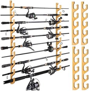 PLUSINNO WH5 Horizontal Fishing Rod/Pole Holders for Garage, Wall or Ceiling Mounted Fishing Rod Rack, Solid Wood Fishing rod Holder Holds up to 5 Rod or Combos or Nets Storage Racks