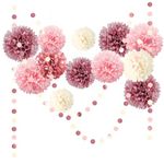 NICROLANDEE 15PCS Dusty Rose Blush Pink Tissue Pom Poms Flowers for Wedding, Bridal Shower, Sweet Birthday, Baby Shower, Engagement, Bachelorettes, Valentine Pink Party Decorations Paper Garland