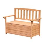 Outsunny Outdoor 2 Seater Garden Bench, Wooden Bench with Storage, Garden Storage Bench with Backrest, Arm Rests for Outdoor Patio Porch, 112 x 84 x 58 cm, Natural