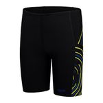 Speedo Junior Boy's Plastisol Placement Jammer | Competitive Swimwear | Adjustable Fit, Black/Lemon Drizzle/True Cobalt, 11-12 Years