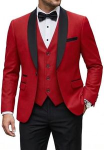YND Men's 3 Piece Slim Fit Tuxedo Suit Set, One Button Shawl Collar Solid Business Blazer Jacket Vest Pants with Bow Tie, Red