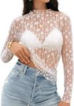 MEROKEETY 2024 Womens Mesh Sheer Long Sleeve Layering Top Sexy Y2k Mock Neck Floral Lace See Through Shirt Blouses PearlWhite XX-Large