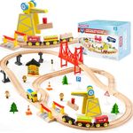SYNCFUN 60PCS Montessori Wooden Train Set - Construction Express, Engineering Railway with Magnetic Crane, Trains & Accessories, Birthday Gift Train Set Toy for 3 4 5 Years Old Toddlers Boys Girls