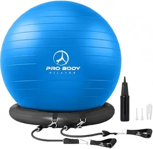 ProBody Pilates Ball Yoga Ball Chair, Exercise Ball Chair with Base or Stand for Home Office Desk Sitting or Workout, Balance & Stability Ball Seat, Large Gym Ball for Back (Blue with Bands)