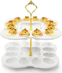 Peohud 2 Tier Ceramic Deviled Egg Platter Tray, 24 Holes Detachable Easter Egg Holder for Kitchen Countertop, Party Display, Microwave Dishwasher Freezer Safe