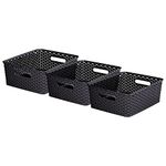 Curver My Style Rattan Effect Set of 3 Kitchen, Living room, Bathroom, Bedroom, Utility Medium Rectangular Storage Baskets 12 Litres - Anthracite, Dark Grey ( L35.5cmX W29cm X H13cm)