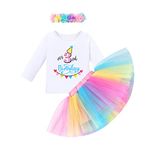 Toddler Kids Girl Long Sleeve My 3rd Birthday Cake Smash Outfit I'm Three Years Old Party Photo Shooting White T-shrit Top Multicolor Tutu Skirt Flower Headband Fall Winter Clothes Set Colorful 3rd