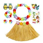 HBell 8pcs Hawaiian Hula Skirt Costume Set,40cm Hawaiian Grass Skirt,Hawaii Leis,Pineapple Glasses for Kids Fancy Dress Supplies Summer Beach Tropical Party Decorations (Straw Color)