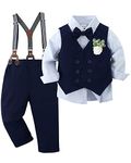 ZOEREA Baby Boy Gentleman Outfits Clothes Sets Infant Wedding Long Sleeve Formal Dress Shirt + Bowtie + Vest + Boutonniere + Suspender Pants Blue,18-24 Months