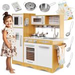 Mamabrum Baby Toys Play Kitchen with LED Lightning System, Wooden Kids Toys, Role Play Kitchen Accessories Included Pretend Play Toy Kitchen for Kids Little Chef Kitchen Playset, Natural Wood
