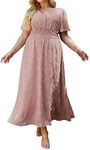 Simplee Women's Boho Floral Maxi Dress Flowy Casual V Neck Short Sleeve Wedding Guest Holiday Beach Long Dress, P1-pink, XX-Large