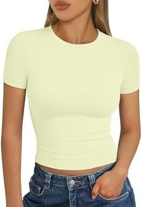 Trendy Queen Womens Basic T-Shirts Scoop Neck Short Sleeve Crop Tops Cute Summer Tops Slim Fit Tees Y2k Clothing 2025 LemonYellow M