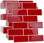 Premium Peel and Stick Kitchen Backsplash Tile Stickers Self Adhesive Stick on Subway Tile 11.8" x 11.8" Bathroom Splashback Water Heat Resistant 3D Wall Tiles Red Glossy