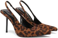 VOLEECE Women's Slingback Stiletto Heels Stretch Strap Slip On Pumps Shoes Pointed Toe Backless Suede Leopard Dress High Heels