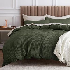 Bedsure Cotton Duvet Cover Set - 100% Cotton Waffle Weave Olive Green Duvet Cover Oversized King Size, GentleSoft™ and Breathable Bedding Set for All Season, 3 Pieces, 120"x98"