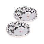 Sumeet Stainless Steel Round 5 in 1 Compartment Lunch/Dinner Plate Set of 2Pcs, 34cm Dia, Silver