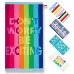 SUNBORRY Women's Beach Towels Oversized Microfiber Towel, 40x71 inches, Quick Dry, Sand-Free, Lightweight, Striped Print with Text (Rainbow Stripes)