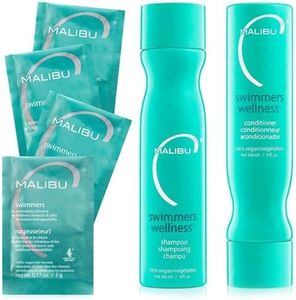 Malibu C Swimmers Wellness Collection - Swimmers Shampoo and Conditioner Set + Hair Mask Packets - Moisturizing, Shine Restoring Hair Care Kit - Protects Hair Discoloration from Pool Elements (6 Ct)